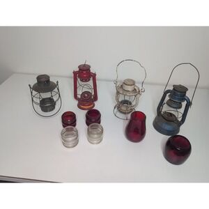 Lot Of 4 Vintage Kerosene Railroad Camping Lanterns Dietz + Red Globes + Shades